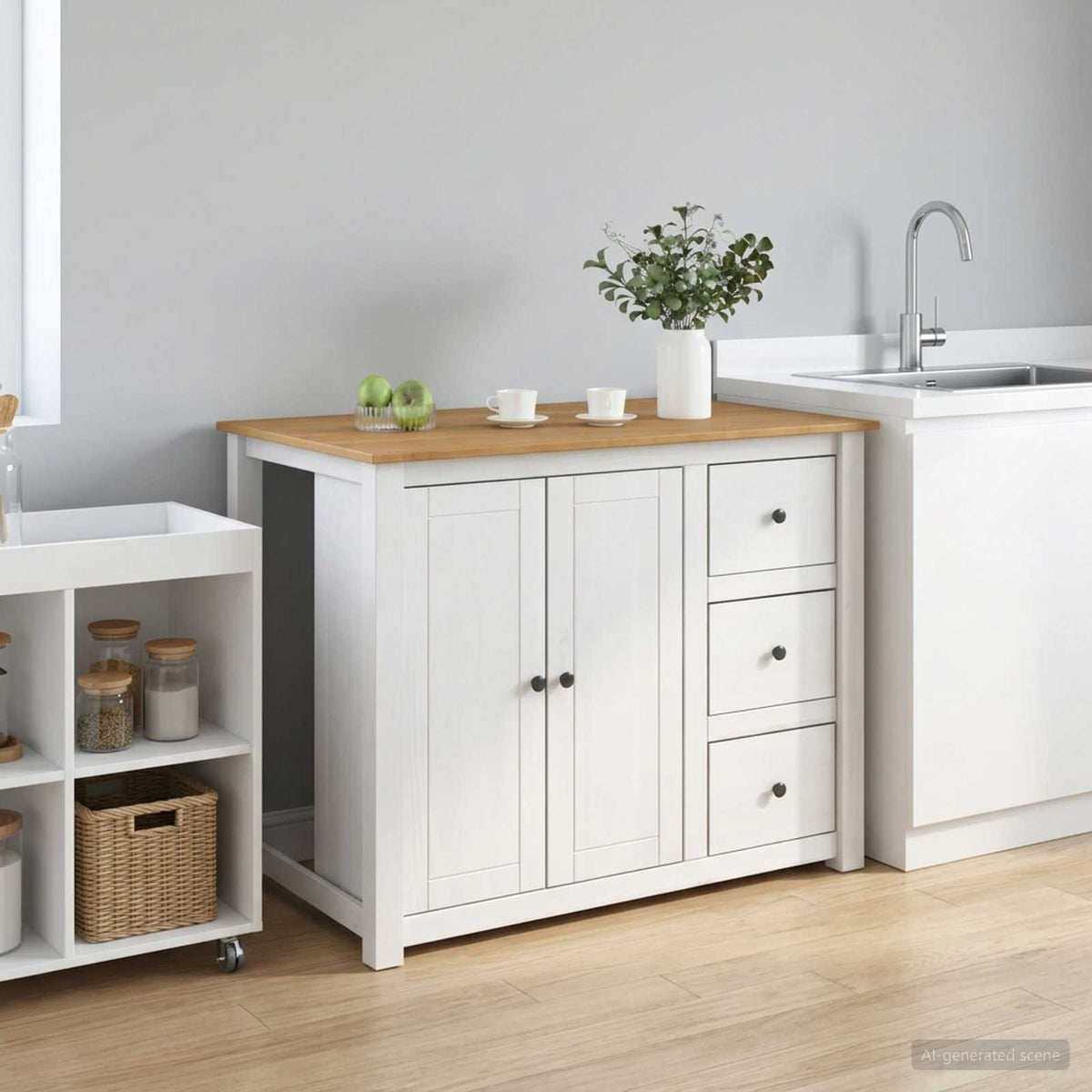 vidaXL Kitchen Island Set PANAMA White and Honey Wax 112 x 77 x 90 cm 1