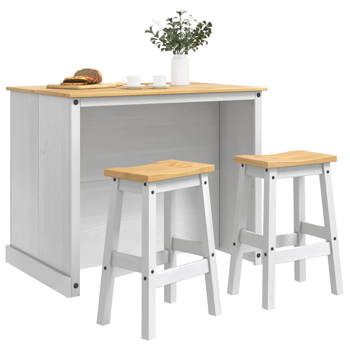 vidaXL Kitchen Island Set 3 pcs White and Honey Wax 112 x 77 x 91.5 cm 3