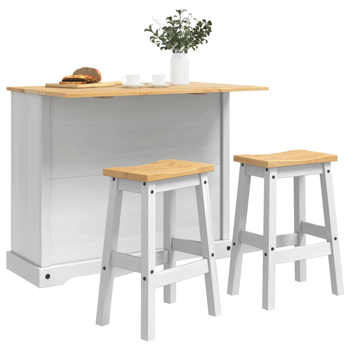 vidaXL Kitchen Island Set 3 pcs White and Honey Wax 112 x 70 x 91.5 cm 3
