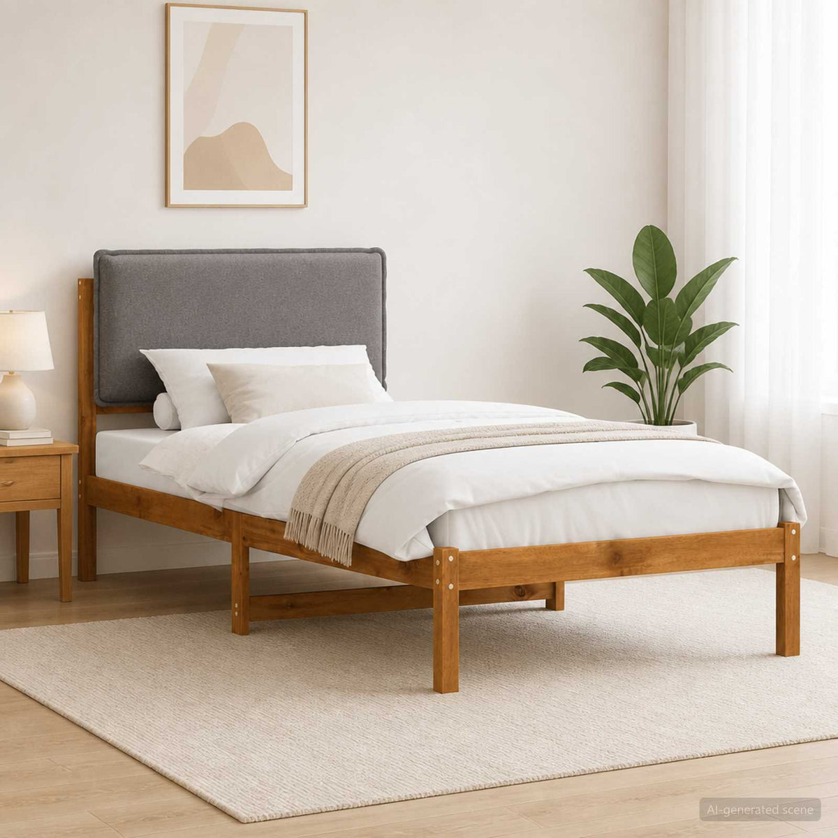 Bed Frame with Upholstered Headboard Length 200 cm Natural and Light Grey 90 cm