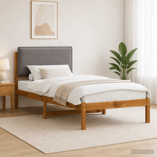 Bed Frame with Upholstered Headboard Length 200 cm Natural and Light Grey 90 cm