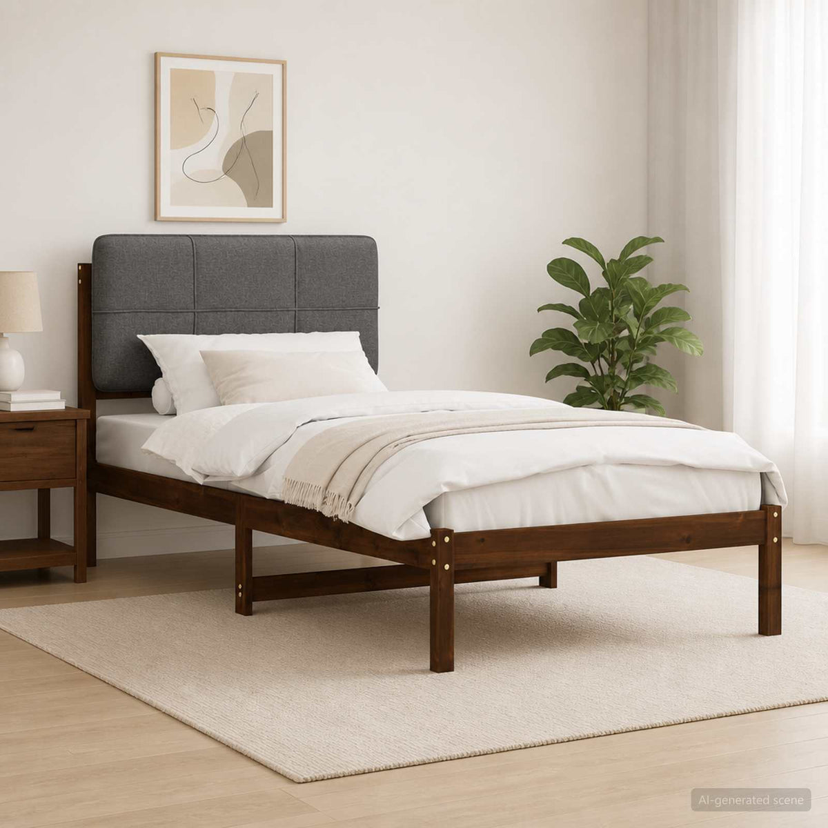 Bed Frame with Upholstered Headboard Length 190 cm Width 75 cm Dark brown and light grey