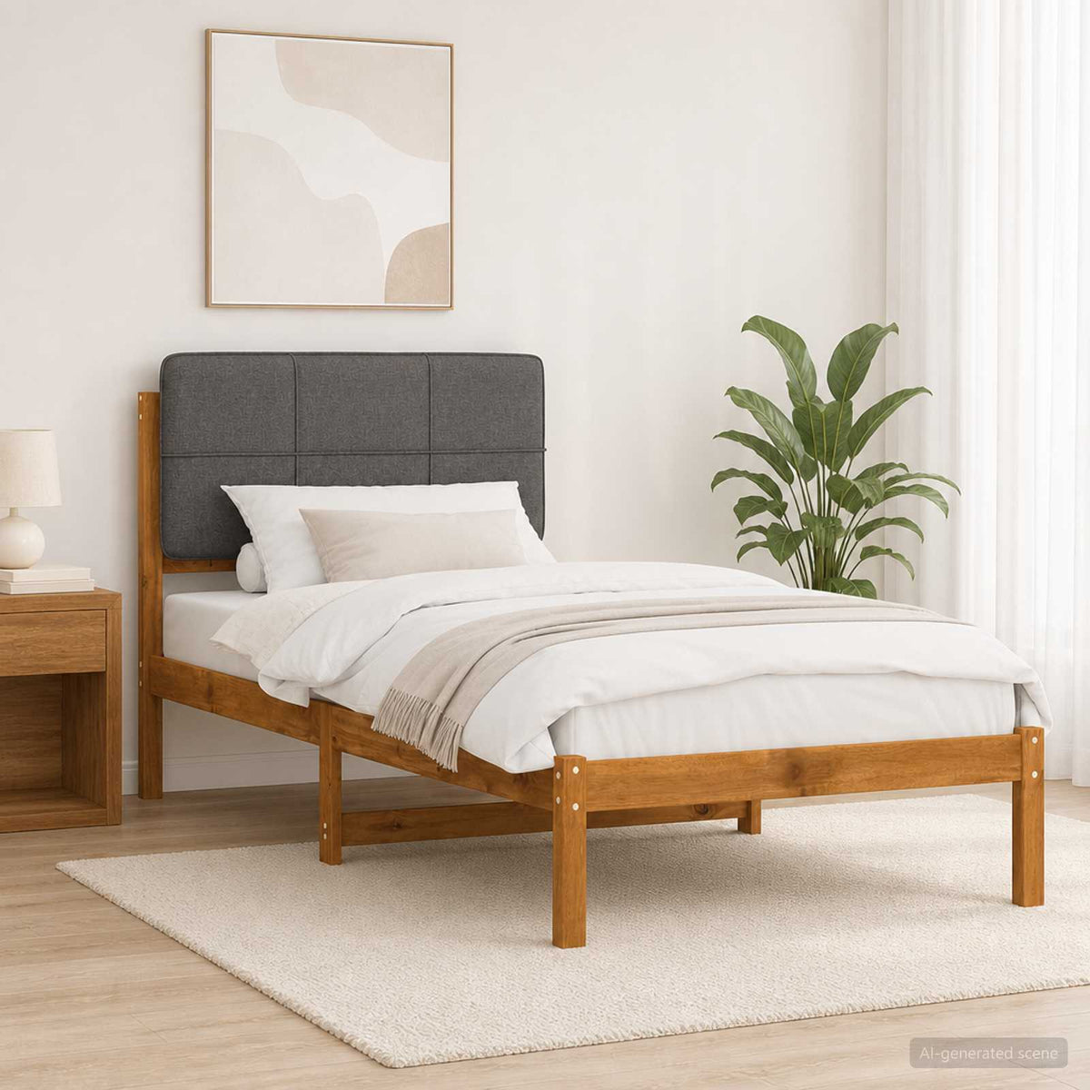 Bed Frame with Upholstered Headboard Length 190 cm Width 75 cm Natural and light grey