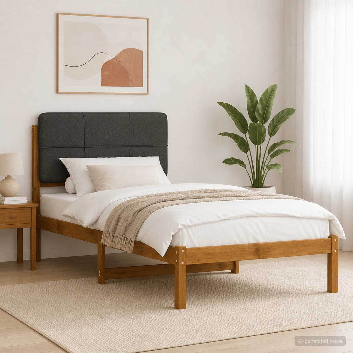 Bed Frame with Upholstered Headboard Length 200 cm Width 80 cm Natural and dark grey