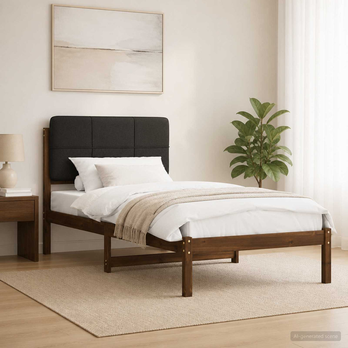 Bed Frame with Upholstered Headboard Length 200 cm Width 80 cm Dark brown and black