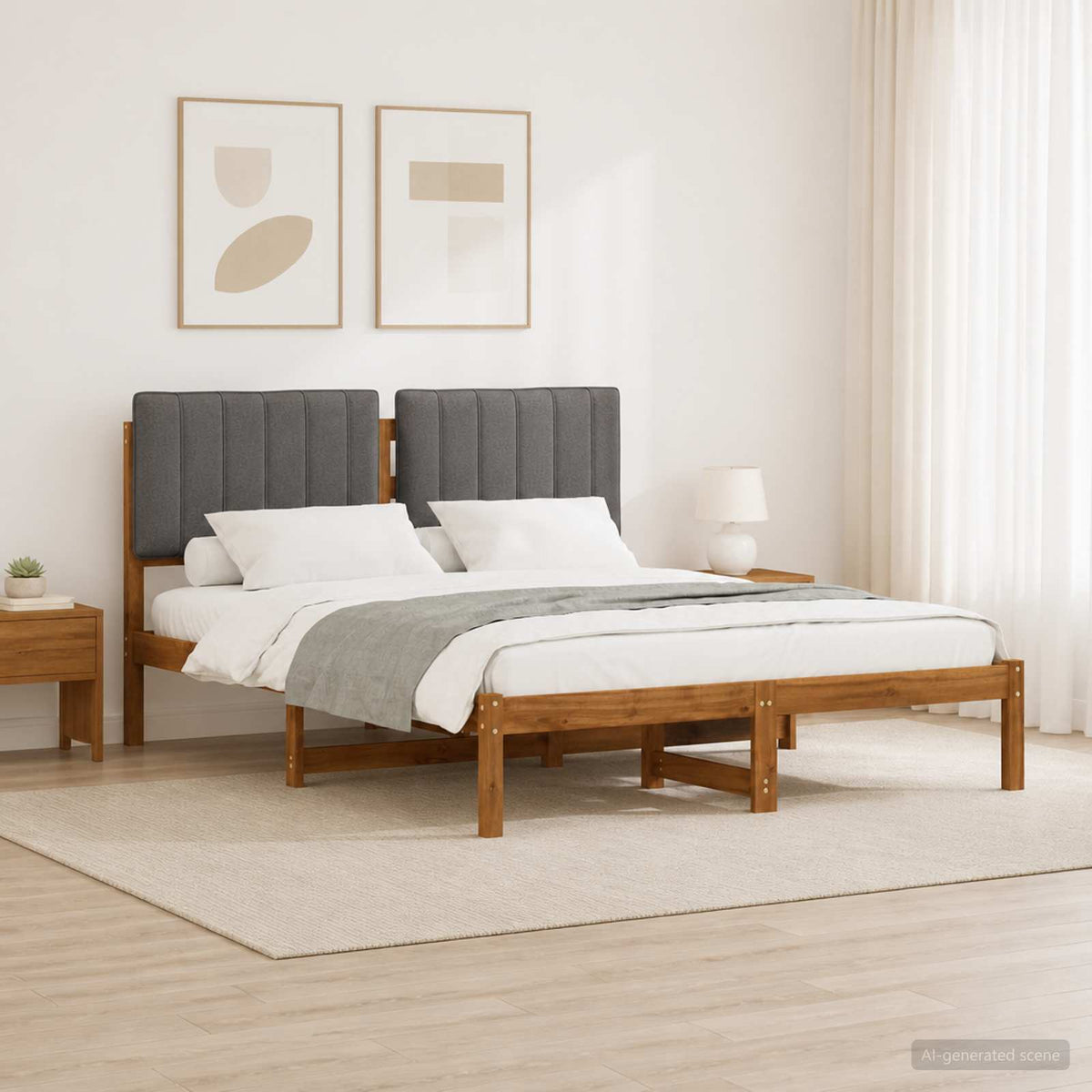 Bed Frame with Upholstered Headboard Length 190 cm Width 140 cm Natural and light grey