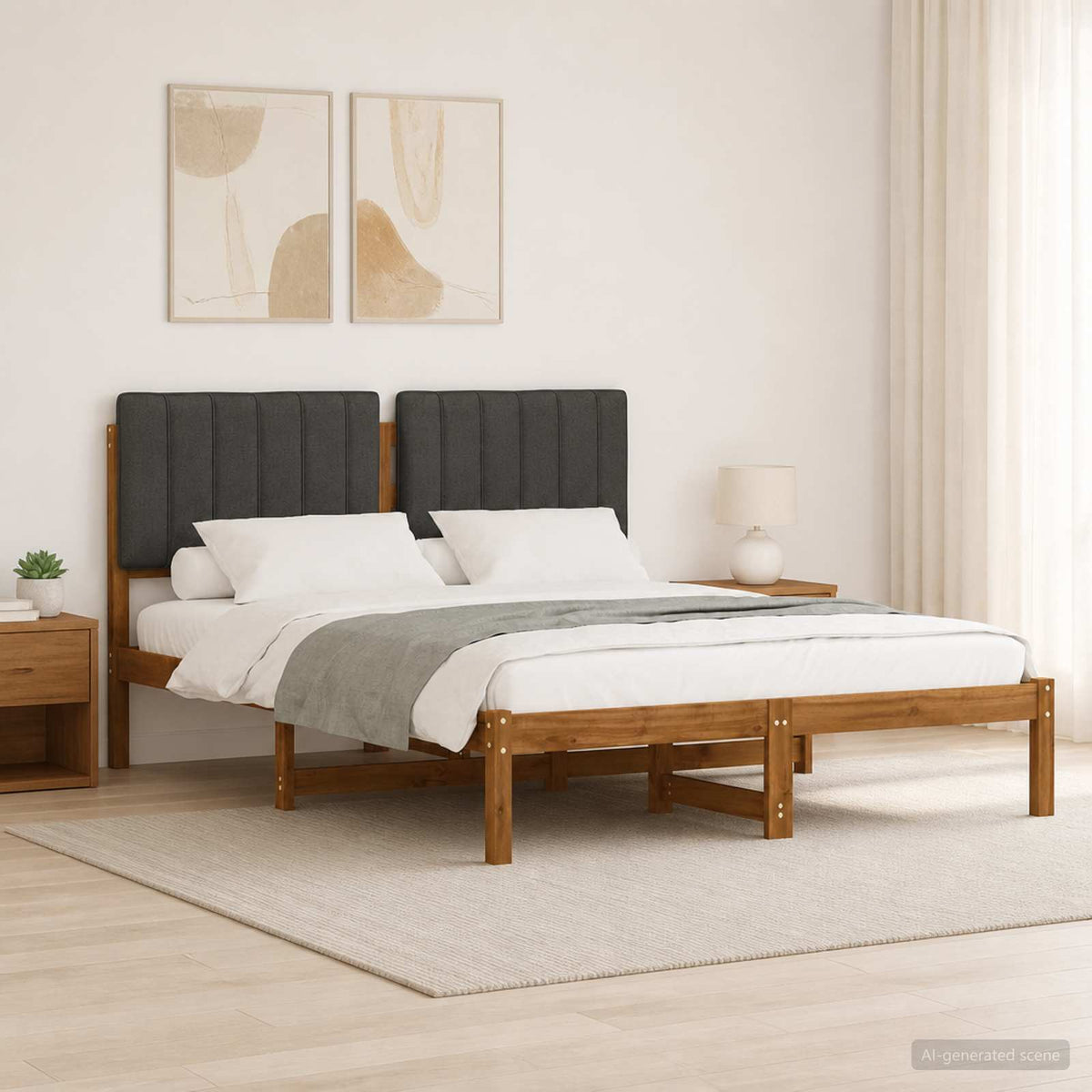 Bed Frame with Upholstered Headboard Length 190 cm Width 135 cm Natural and dark grey