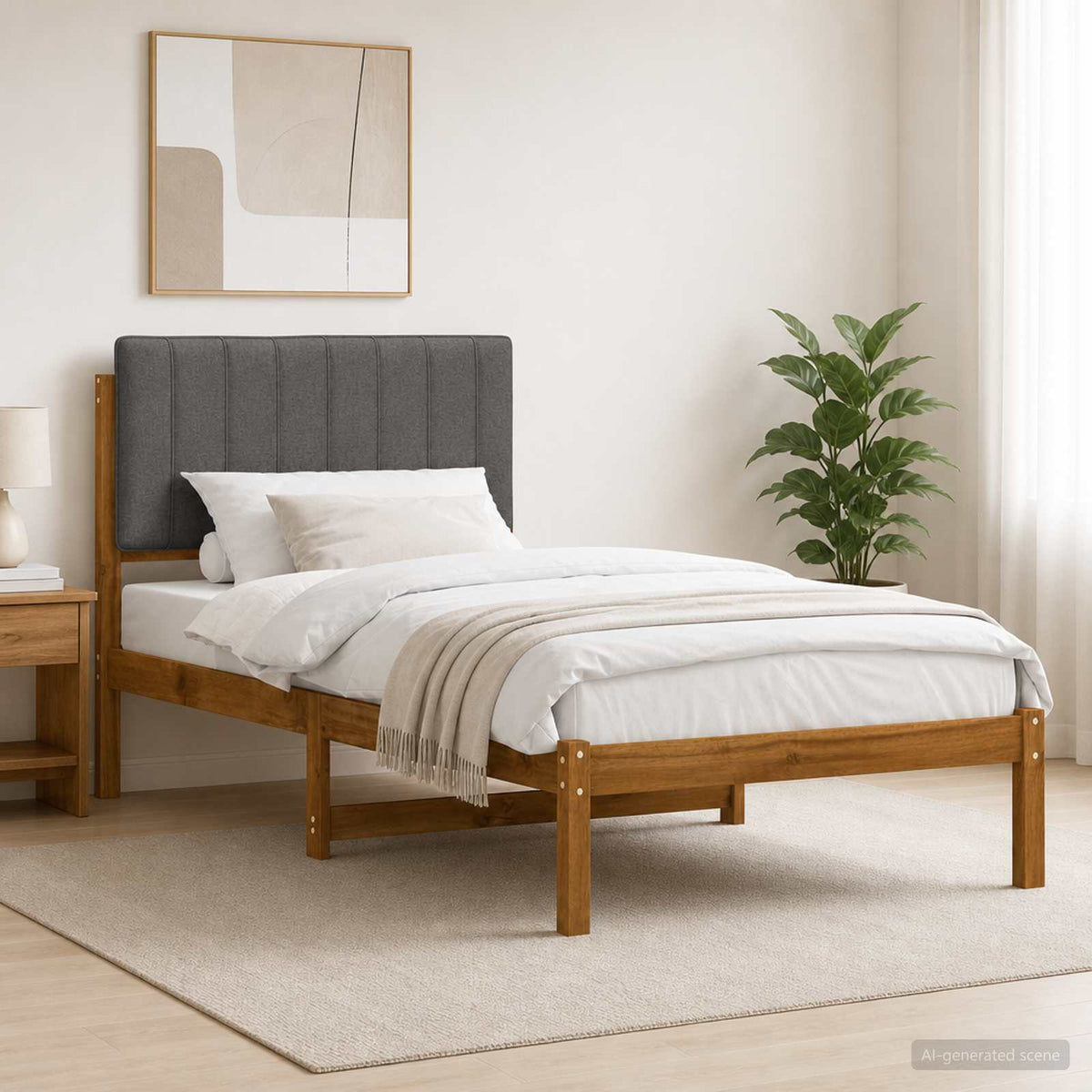 Bed Frame with Upholstered Headboard Length 190 cm Width 90 cm Natural and light grey