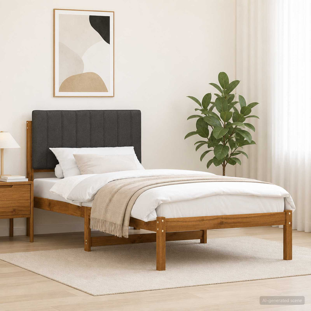 Bed Frame with Upholstered Headboard Length 200 cm Natural and Dark Grey 80 cm