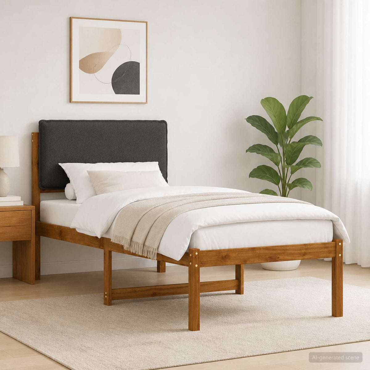 Bed Frame with Upholstered Headboard Natural and dark grey 75 cm 190 cm