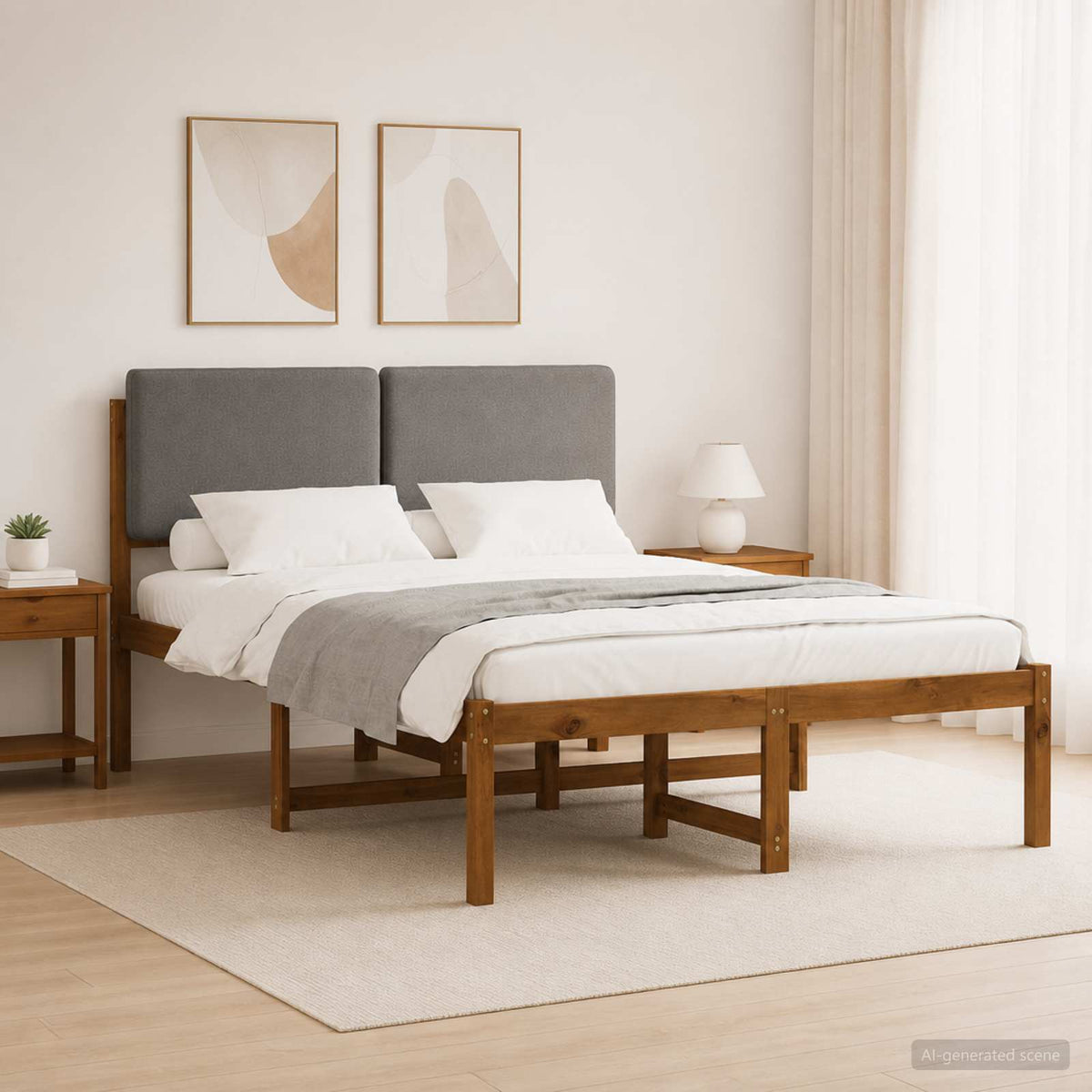 Bed Frame with Upholstered Headboard Natural and light grey 120 cm 190 cm