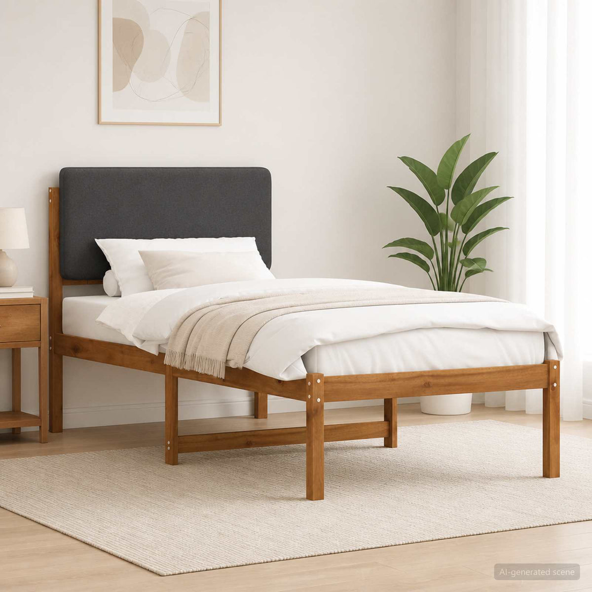 Bed Frame with Upholstered Headboard Natural and dark grey 75 cm 190 cm