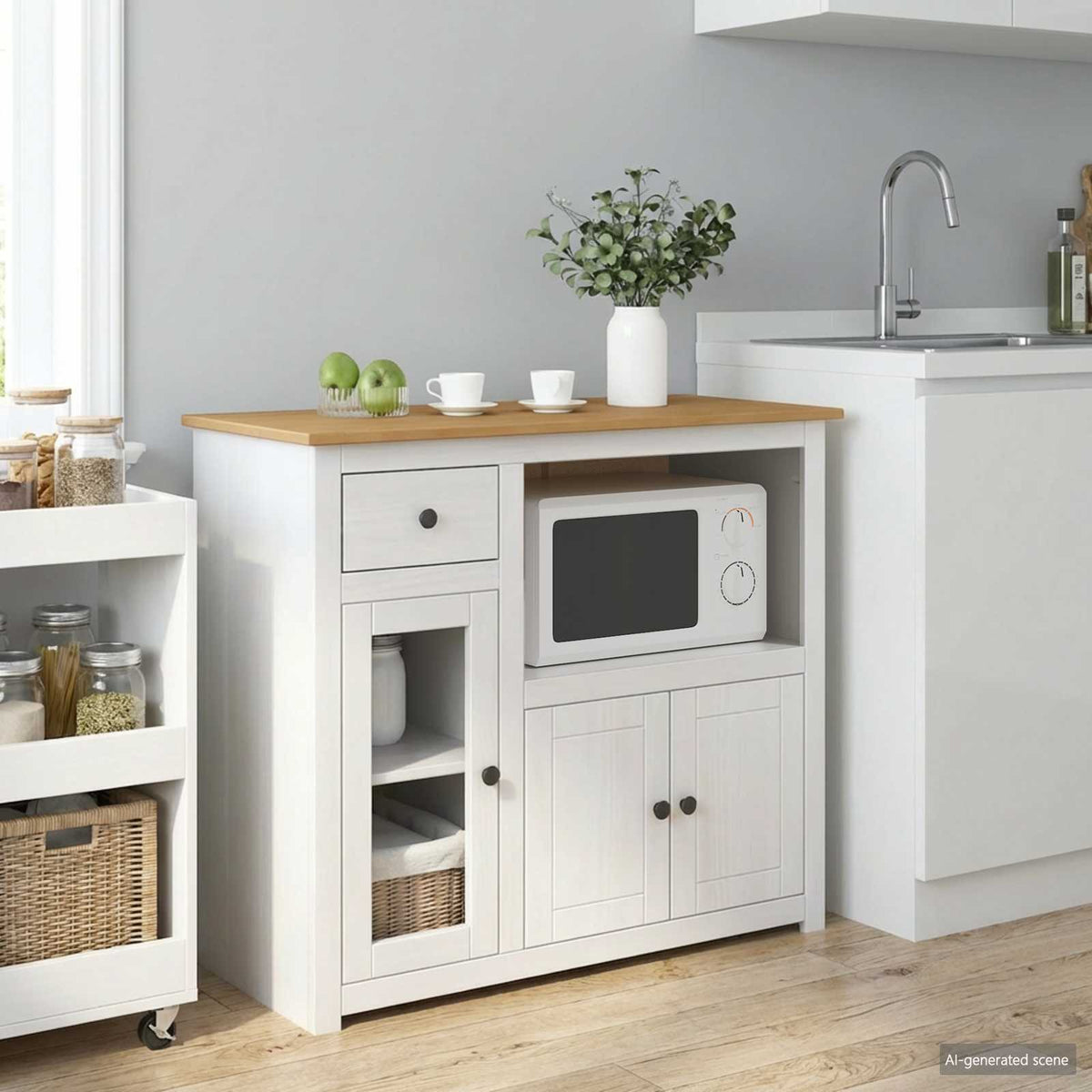 VidaXL Microwave Sideboard PANAMA White and Honey Wax Solid-Pine 1