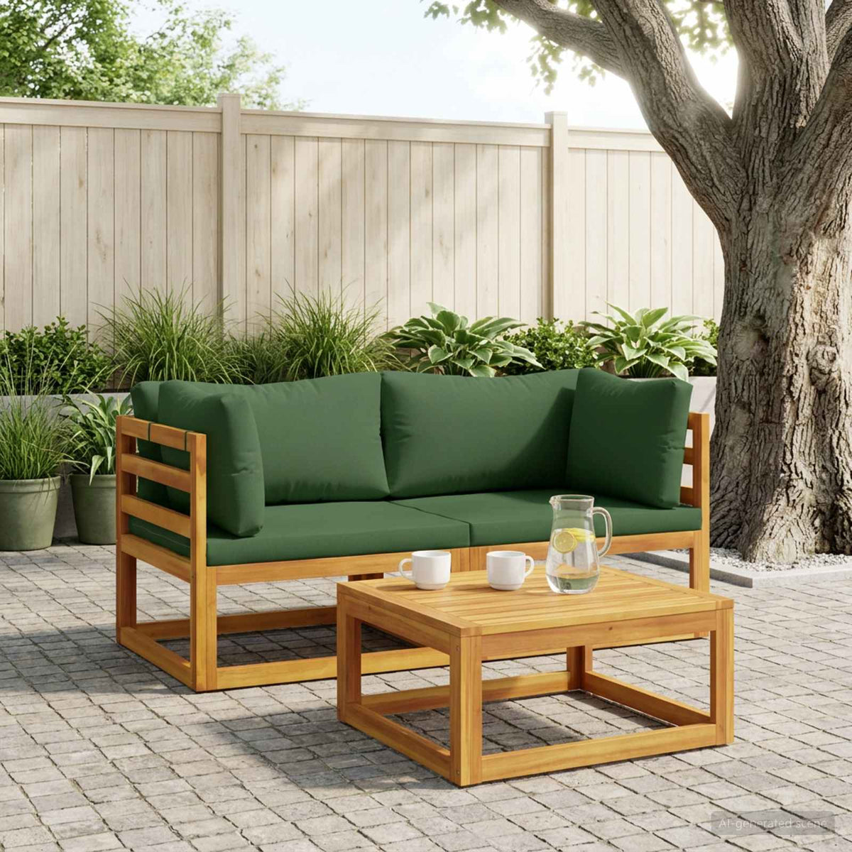 Sectional with Cushions Solid Acacia Wood Natural Green Corner sofa (2 pcs)