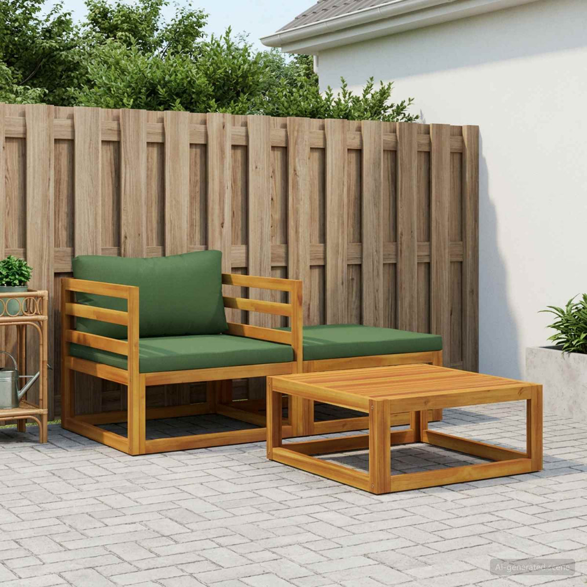 Sectional with Cushions Solid Acacia Wood Natural Green Middle sofa + footrest + table