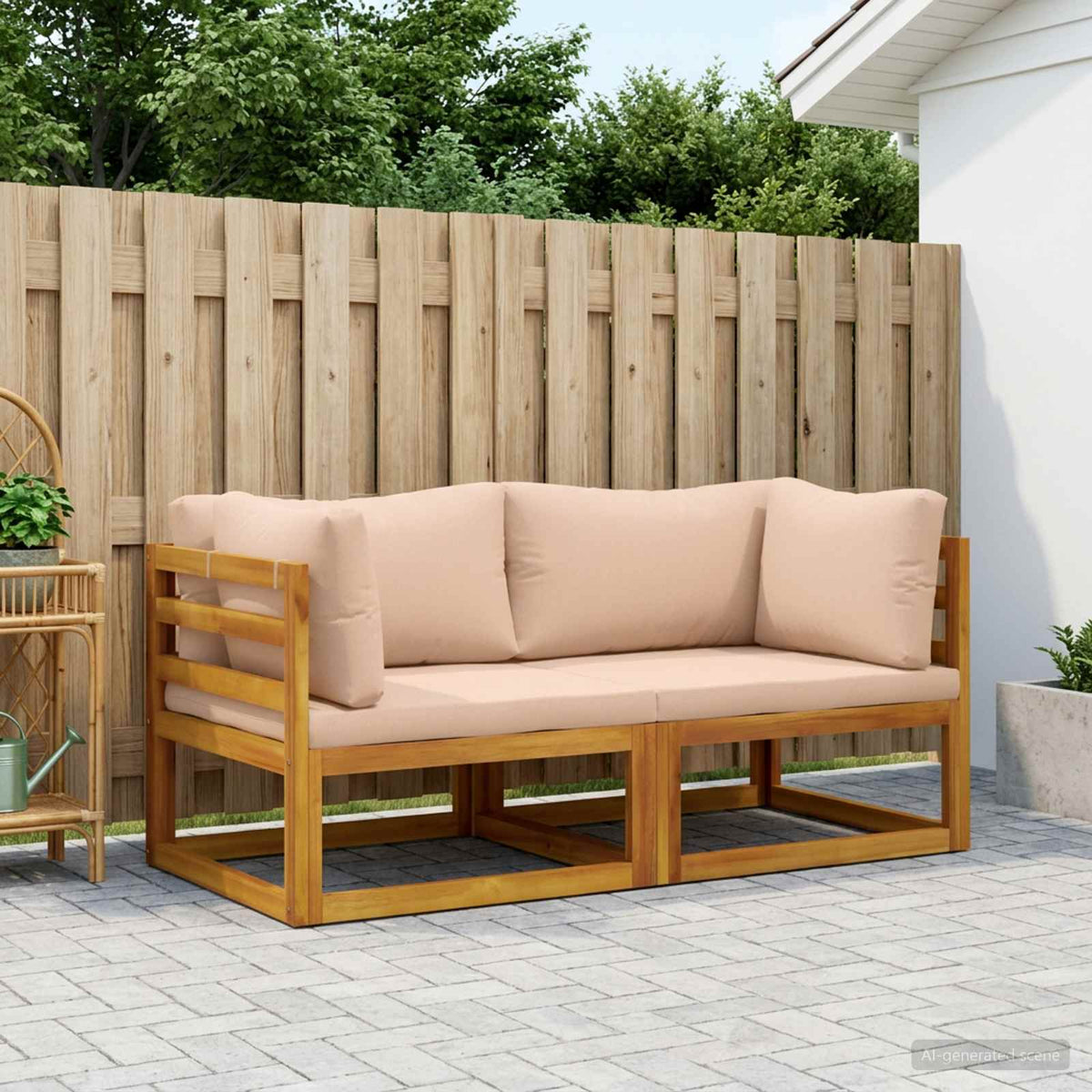Sectional with Cushions Solid Acacia Wood Natural Beige Corner sofa (2 pcs)