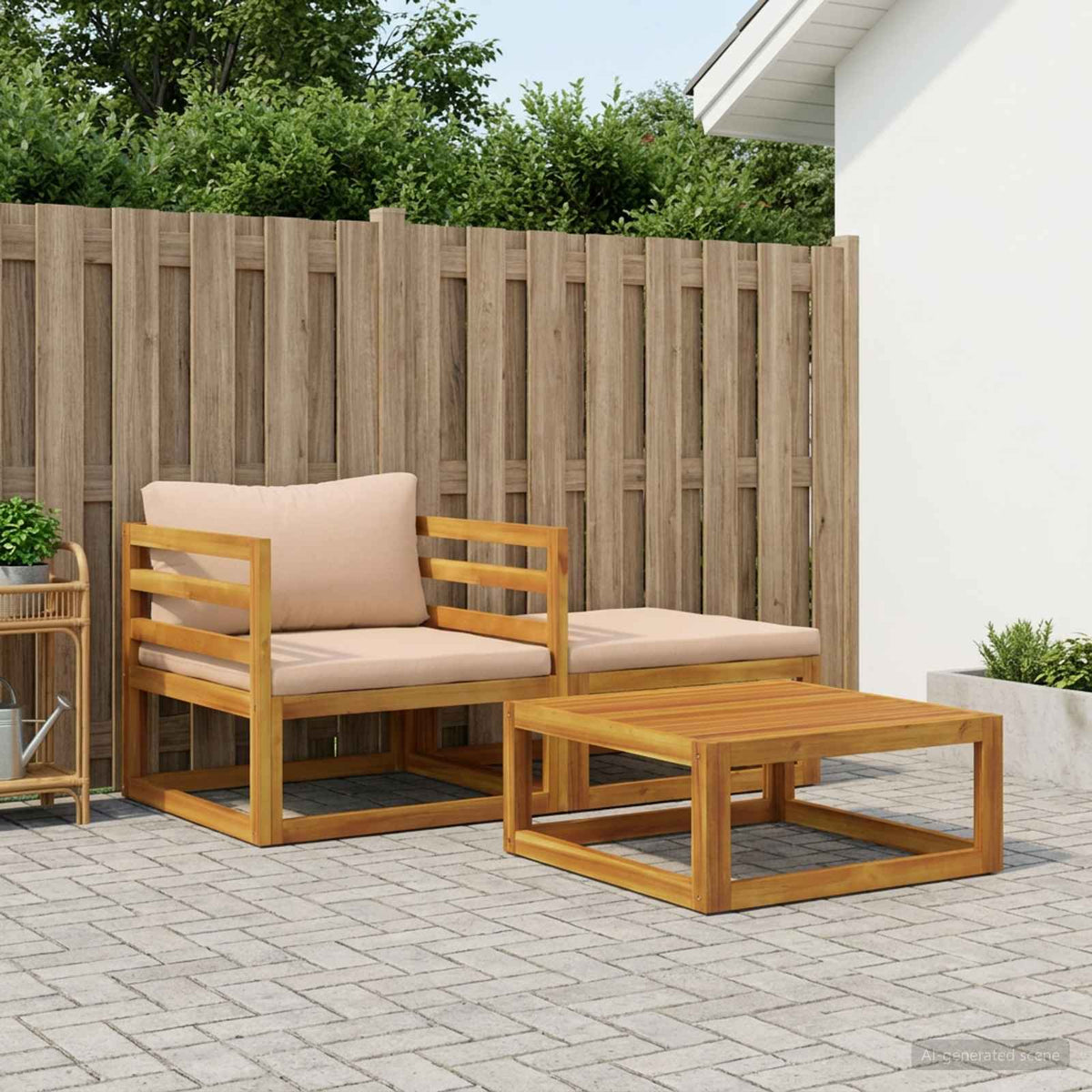 Sectional with Cushions Solid Acacia Wood Natural Beige Middle sofa + footrest + table