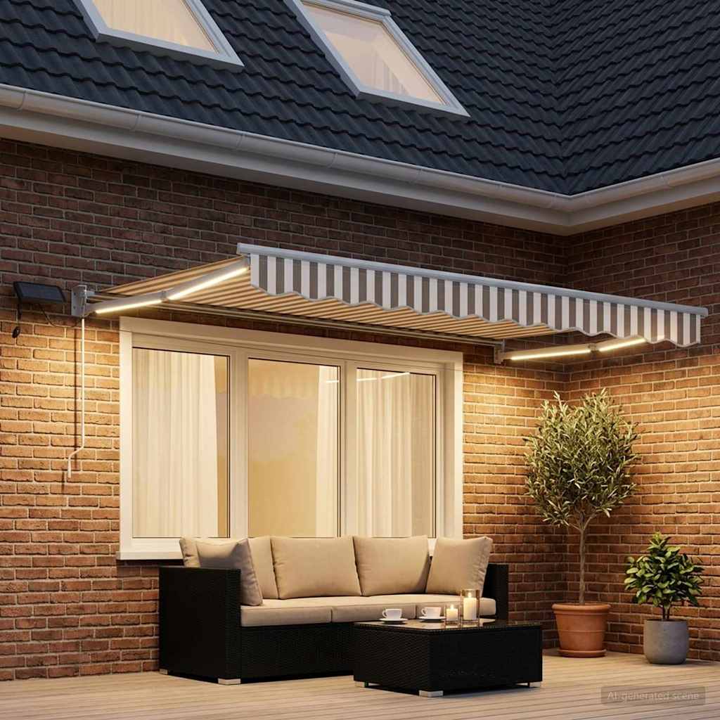 vidaXL Manual Retractable Awning with LEDs Light Grey and White 1