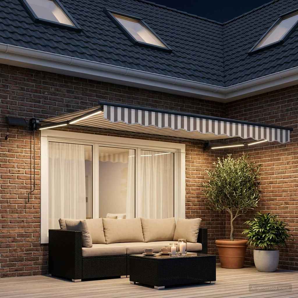 vidaXL Manual Retractable Awning with LEDs Light Grey and White 3
