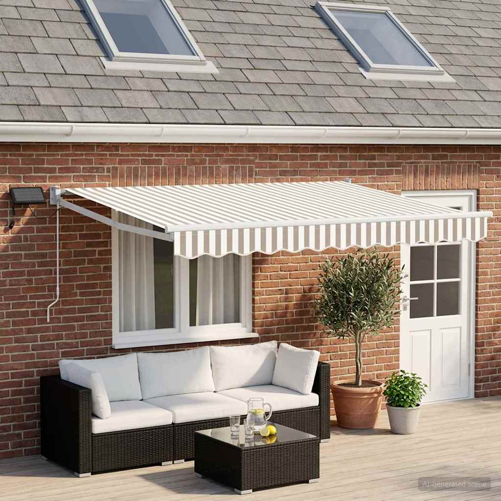 Manual Awning with Solar LED 4 x 3 m 100% Polyester White Drop 3 m Width 4 m Light grey and white