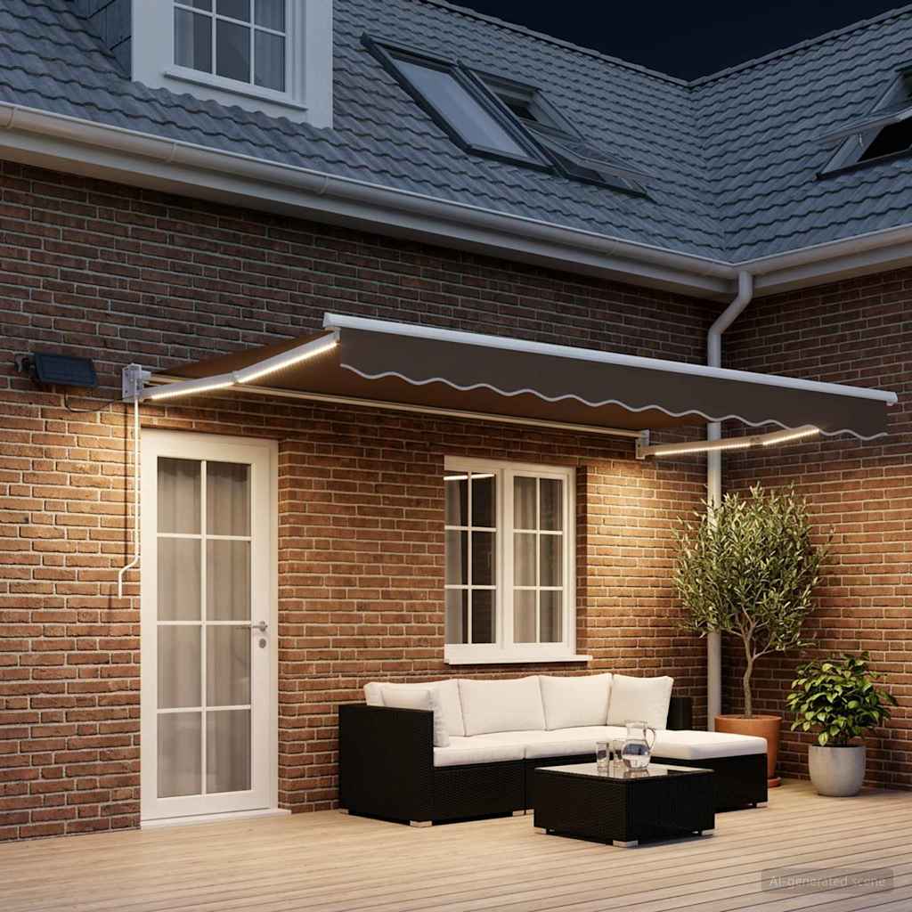 Manual Awning with Solar LED 4 x 3 m 100% Polyester White Drop 3 m Width 4 m Taupe