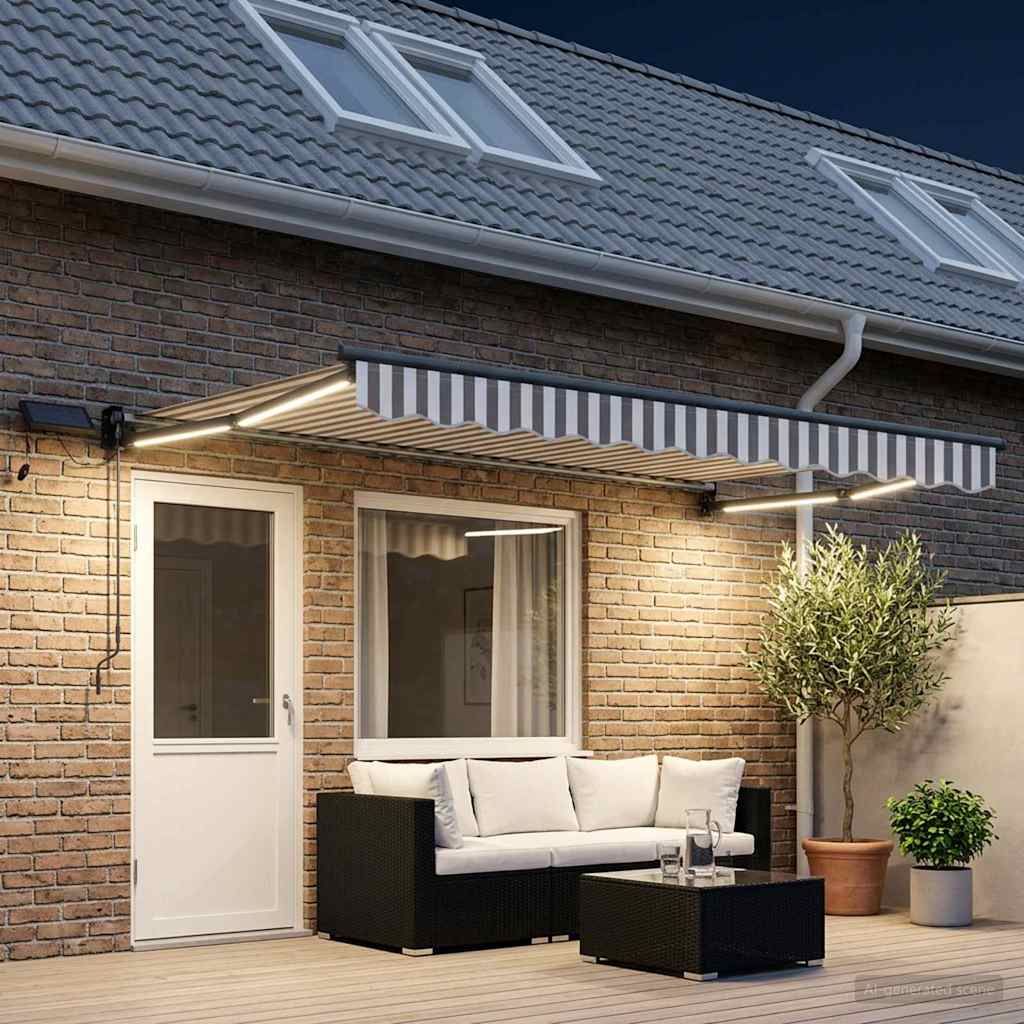 Manual Awning with Solar LED 4 x 3 m 100% Polyester Anthracite Drop 3 m Width 4 m Light grey and white