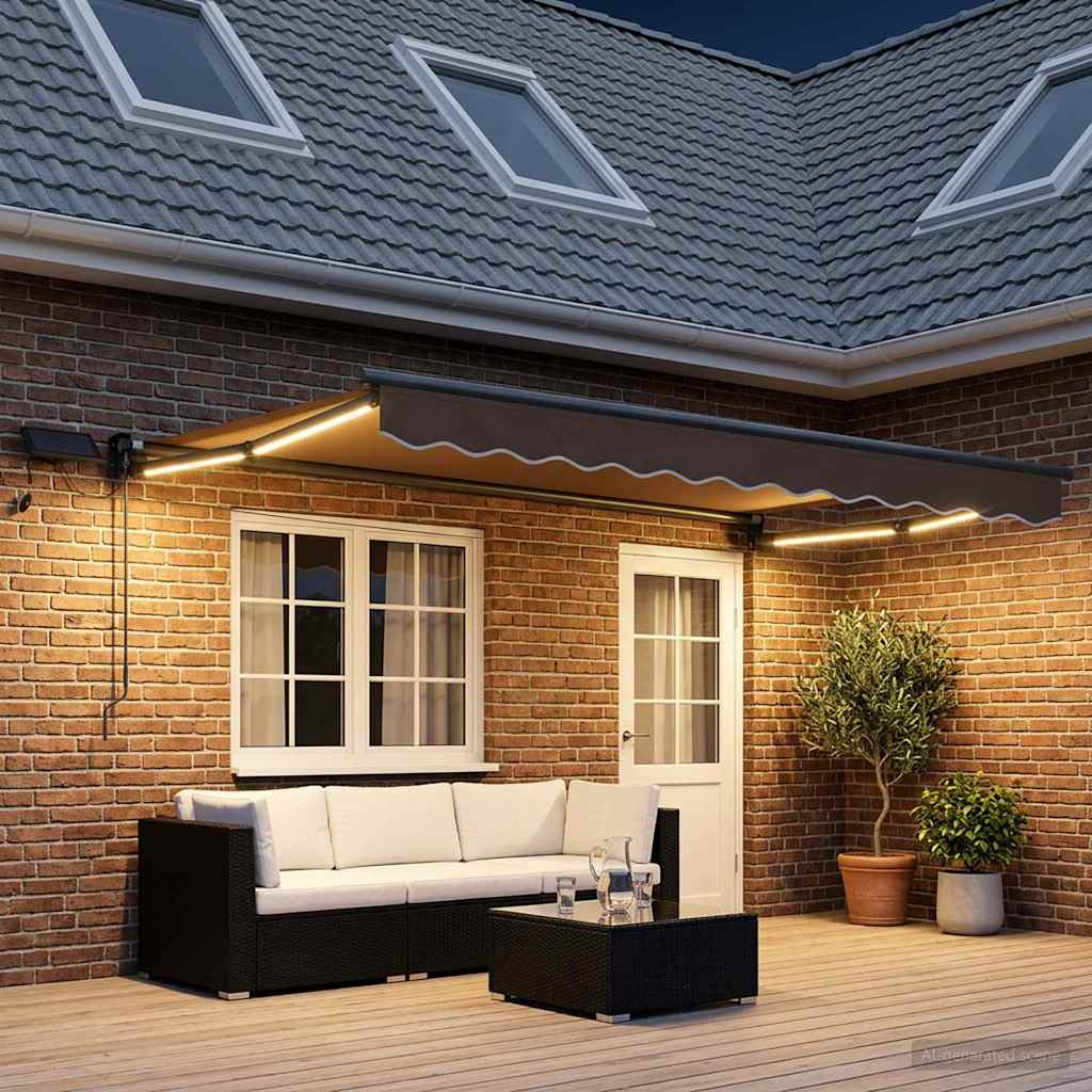 Manual Awning with Solar LED 4 x 2 m 100% Polyester Anthracite Drop 2 m Width 4 m Taupe