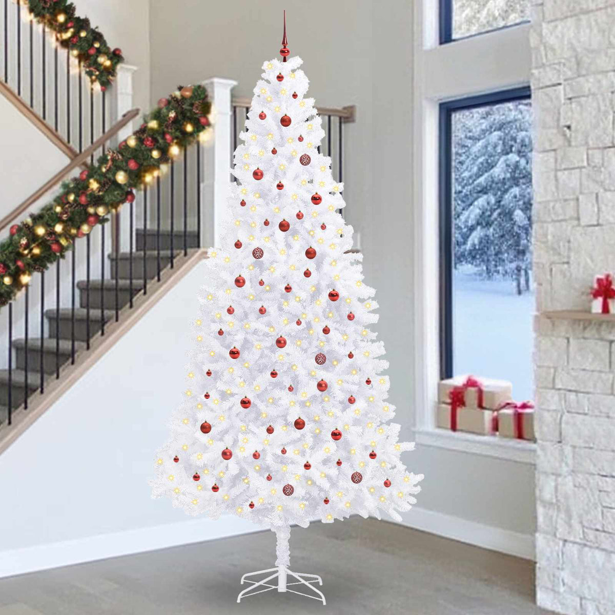 Artificial Christmas Tree with Stand White PVC and Steel Red