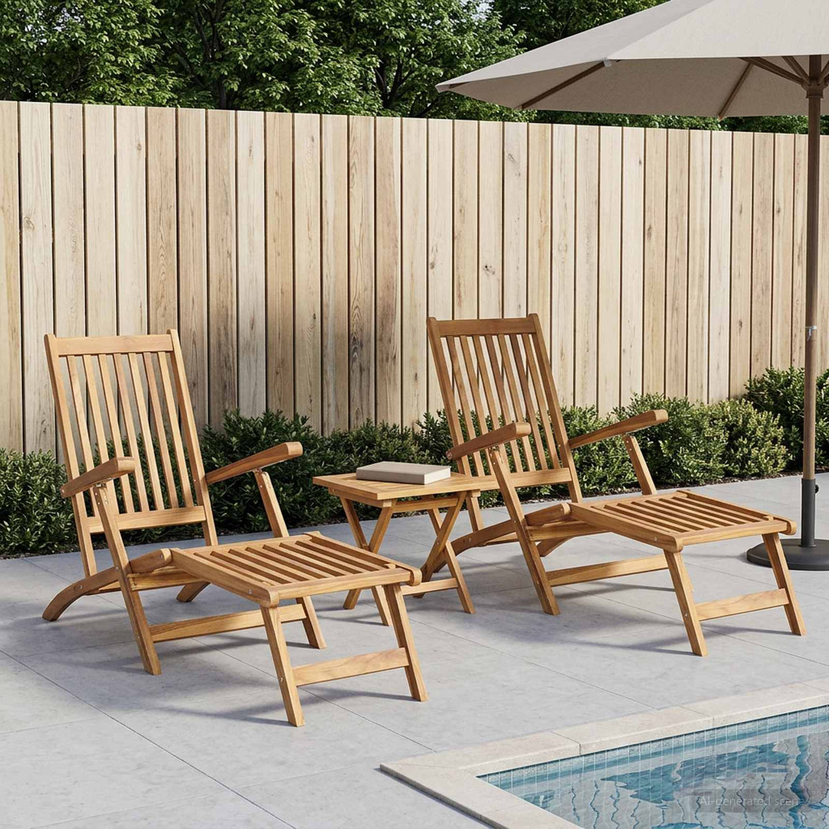 vidaXL Folding Deck Chair with Table 2 pcs Natural Solid Teak Wood 1