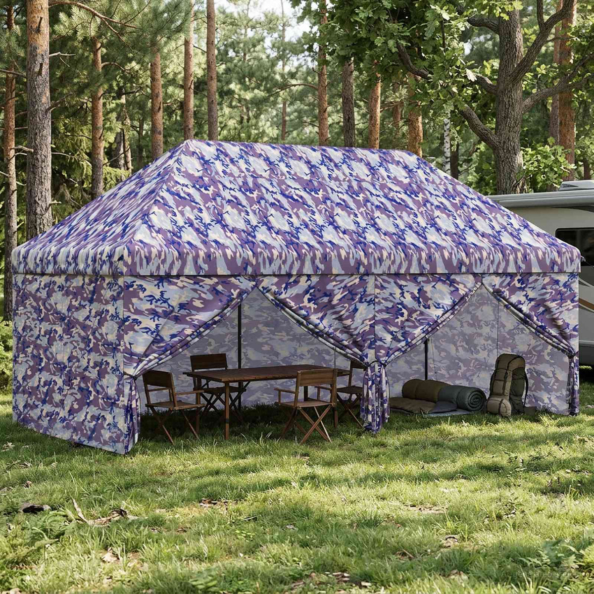 vidaXL Pop-up Gazebo with 4 Sidewalls 3 x 6 m Blue Camouflage 1
