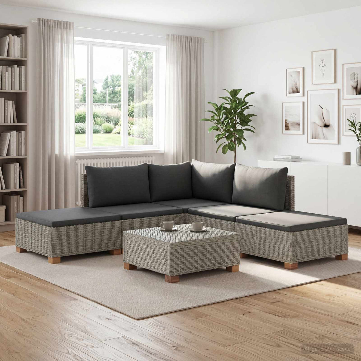 6 pcs Rattan Lounge Set with Cushions GENDT Natural Rattan Kubu Grey 2x middle + 2x footstool + corner + table