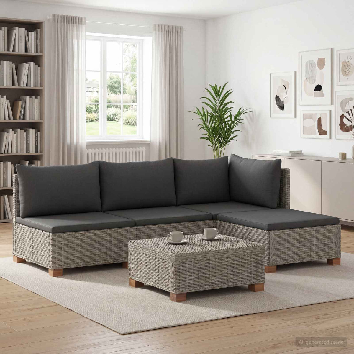 6 pcs Rattan Lounge Set with Cushions GENDT Natural Rattan Kubu Grey 2x middle + footstool + corner + table