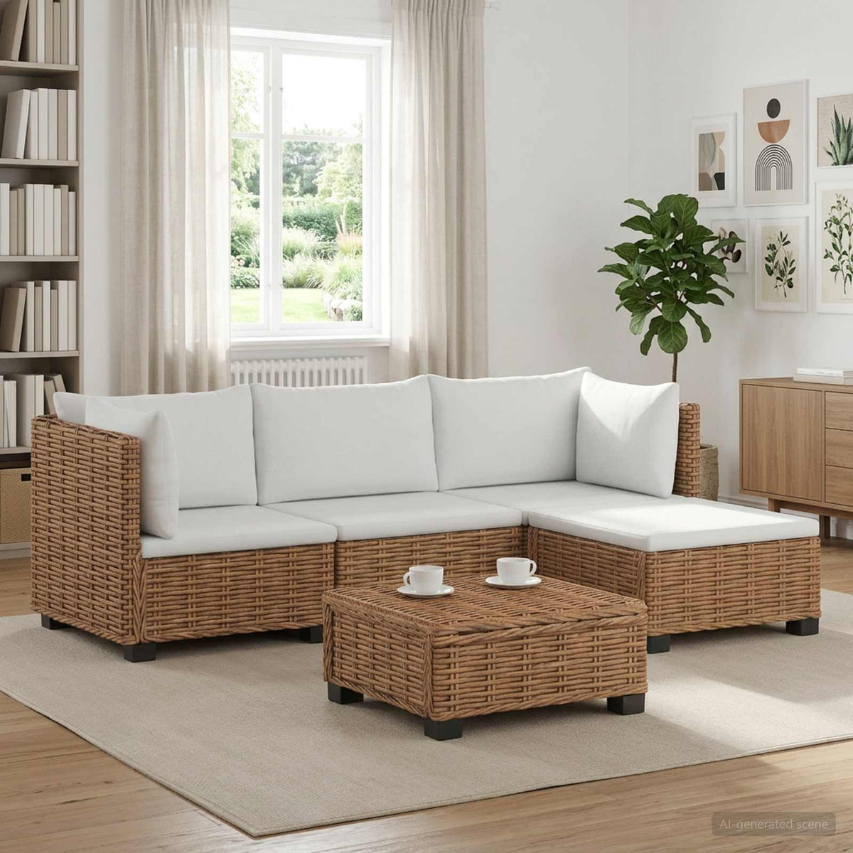 6 pcs Rattan Lounge Set with Cushions GENDT Rattan Natural 2x corner + footstool + middle + table