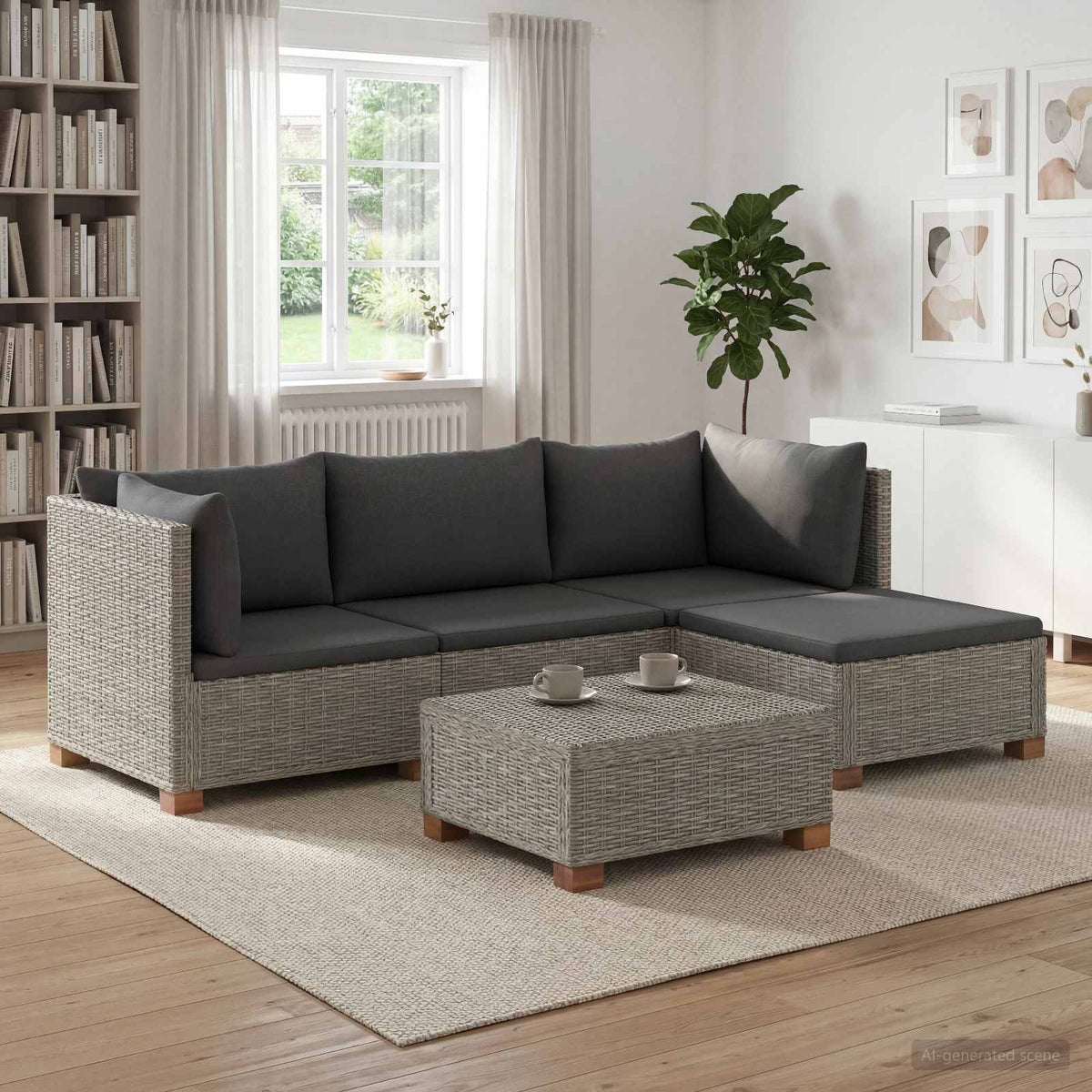 6 pcs Rattan Lounge Set with Cushions GENDT Natural Rattan Kubu Grey 2x corner + footstool + middle + table