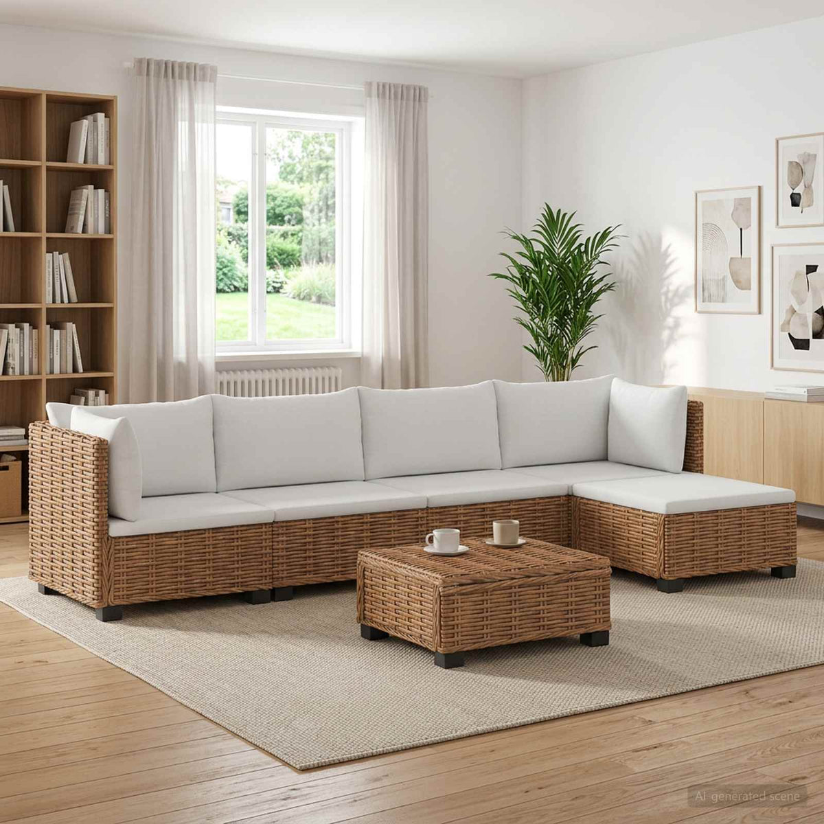 6 pcs Rattan Lounge Set with Cushions GENDT Rattan Natural 2x middle + 2x corner + footstool + table