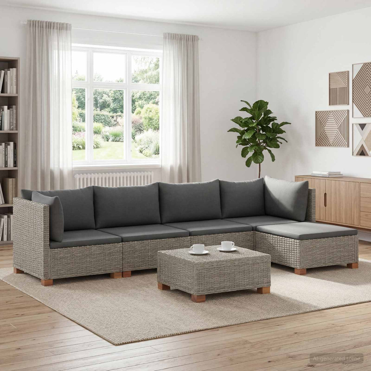 6 pcs Rattan Lounge Set with Cushions GENDT Natural Rattan Kubu Grey 2x middle + 2x corner + footstool + table