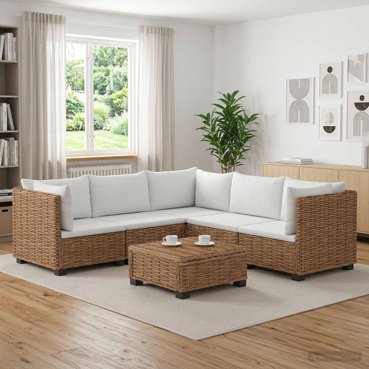 6 pcs Rattan Lounge Set with Cushions GENDT Rattan Natural 2x middle + 3x corner + table