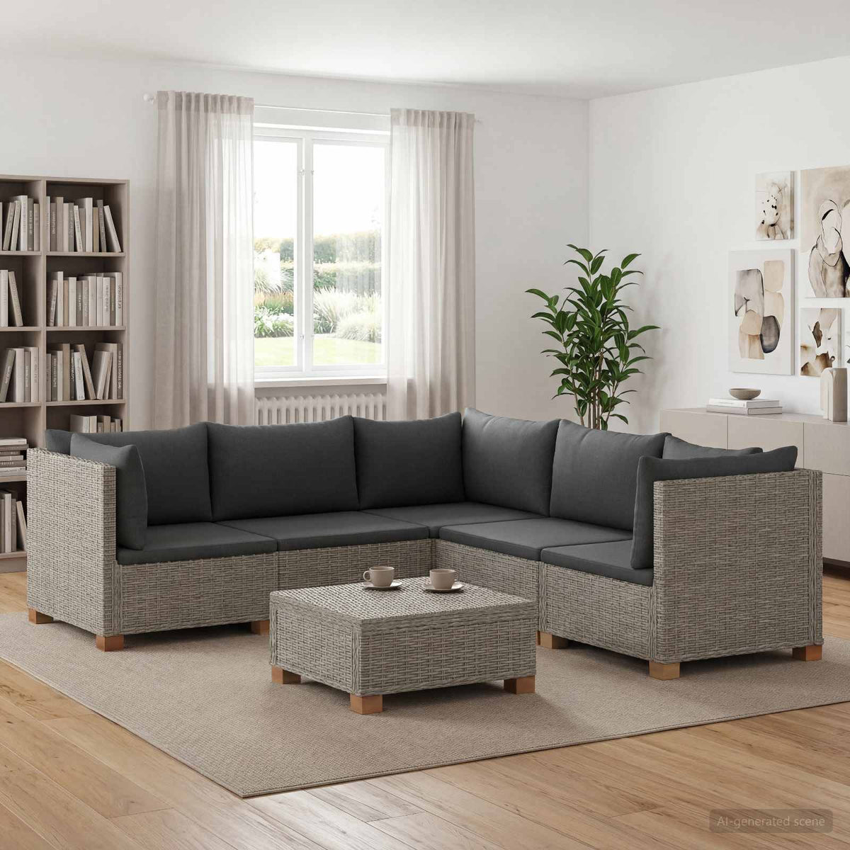 6 pcs Rattan Lounge Set with Cushions GENDT Natural Rattan Kubu Grey 2x middle + 3x corner + table