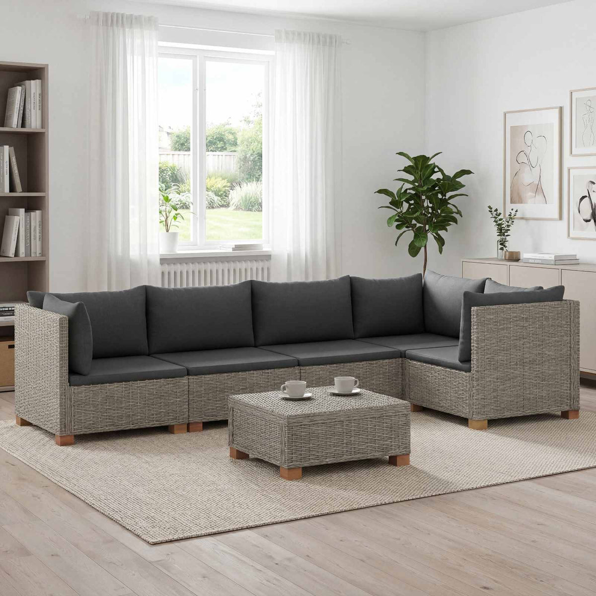 6 pcs Rattan Lounge Set with Cushions GENDT Natural Rattan Kubu Grey 3x corner + 2x middle + table