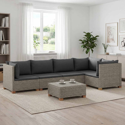 6 pcs Rattan Lounge Set with Cushions GENDT Natural Rattan Kubu Grey 3x corner + 2x middle + table