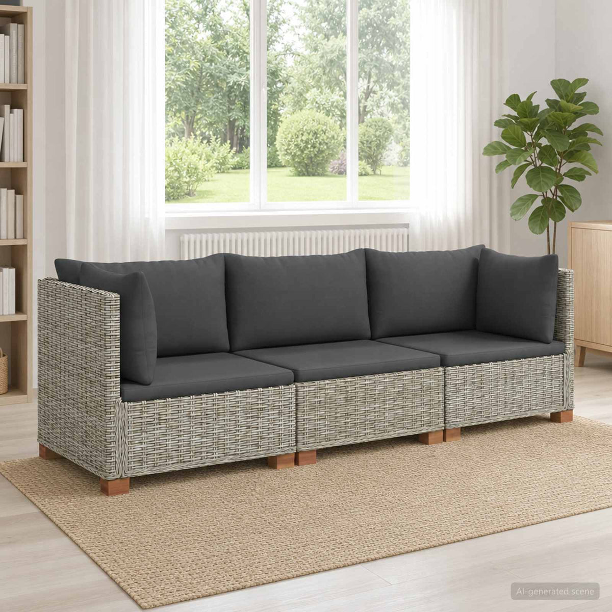6 pcs Rattan Lounge Set with Cushions GENDT Natural Rattan Kubu Grey 2x corner + middle