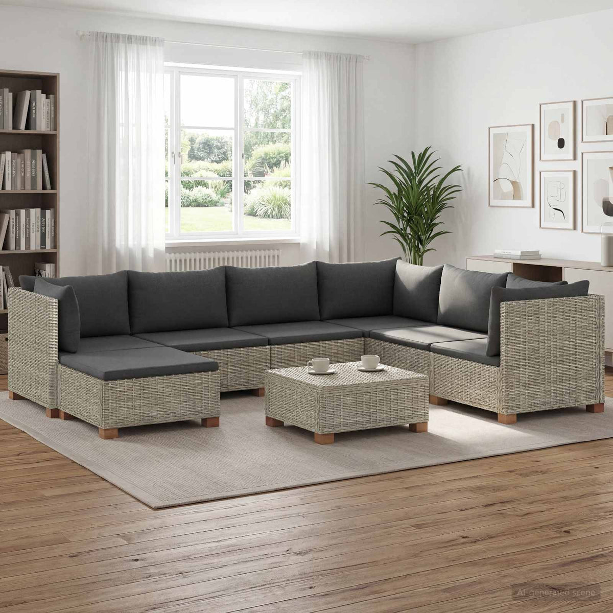 6 pcs Rattan Lounge Set with Cushions GENDT Natural Rattan Kubu Grey 3x middle + 3x corner + footstool + table