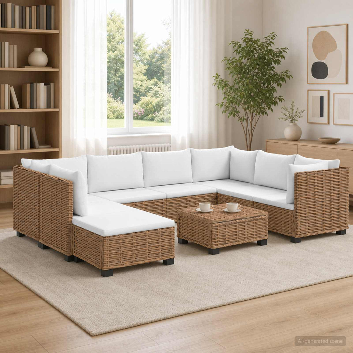 6 pcs Rattan Lounge Set with Cushions GENDT Rattan Natural 4x middle + 3x corner + footstool + table