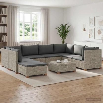 6 pcs Rattan Lounge Set with Cushions GENDT Natural Rattan Kubu Grey 4x middle + 3x corner + footstool + table