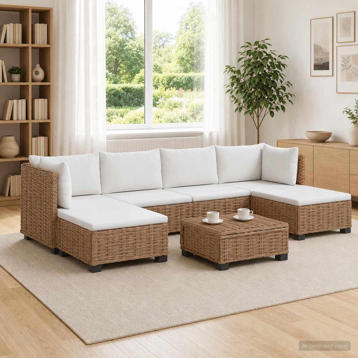 6 pcs Rattan Lounge Set with Cushions GENDT Rattan Natural 2x middle + 2x corner + 2x footstool + table