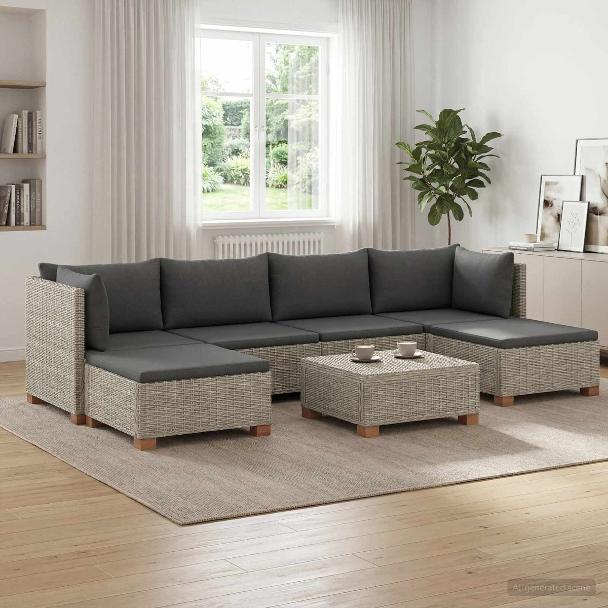6 pcs Rattan Lounge Set with Cushions GENDT Natural Rattan Kubu Grey 2x middle + 2x corner + 2x footstool + table