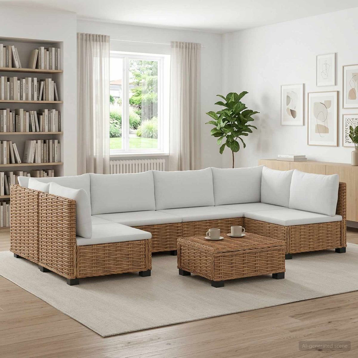 6 pcs Rattan Lounge Set with Cushions GENDT Rattan Natural 4x middle + 2x corner + table