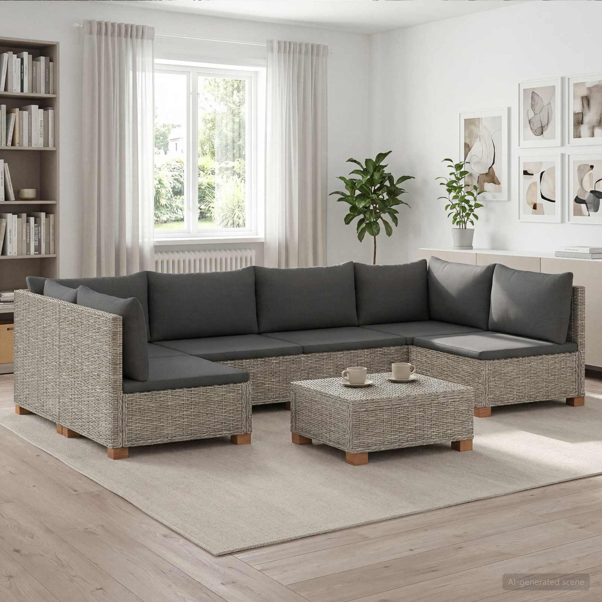 6 pcs Rattan Lounge Set with Cushions GENDT Natural Rattan Kubu Grey 4x middle + 2x corner + table