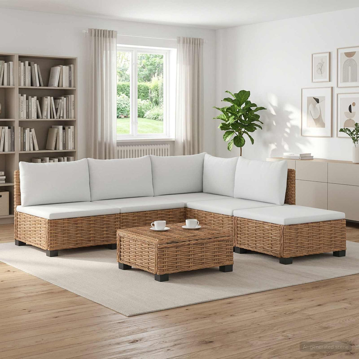 6 pcs Rattan Lounge Set with Cushions GENDT Rattan Natural 3x middle + footstool + corner + table