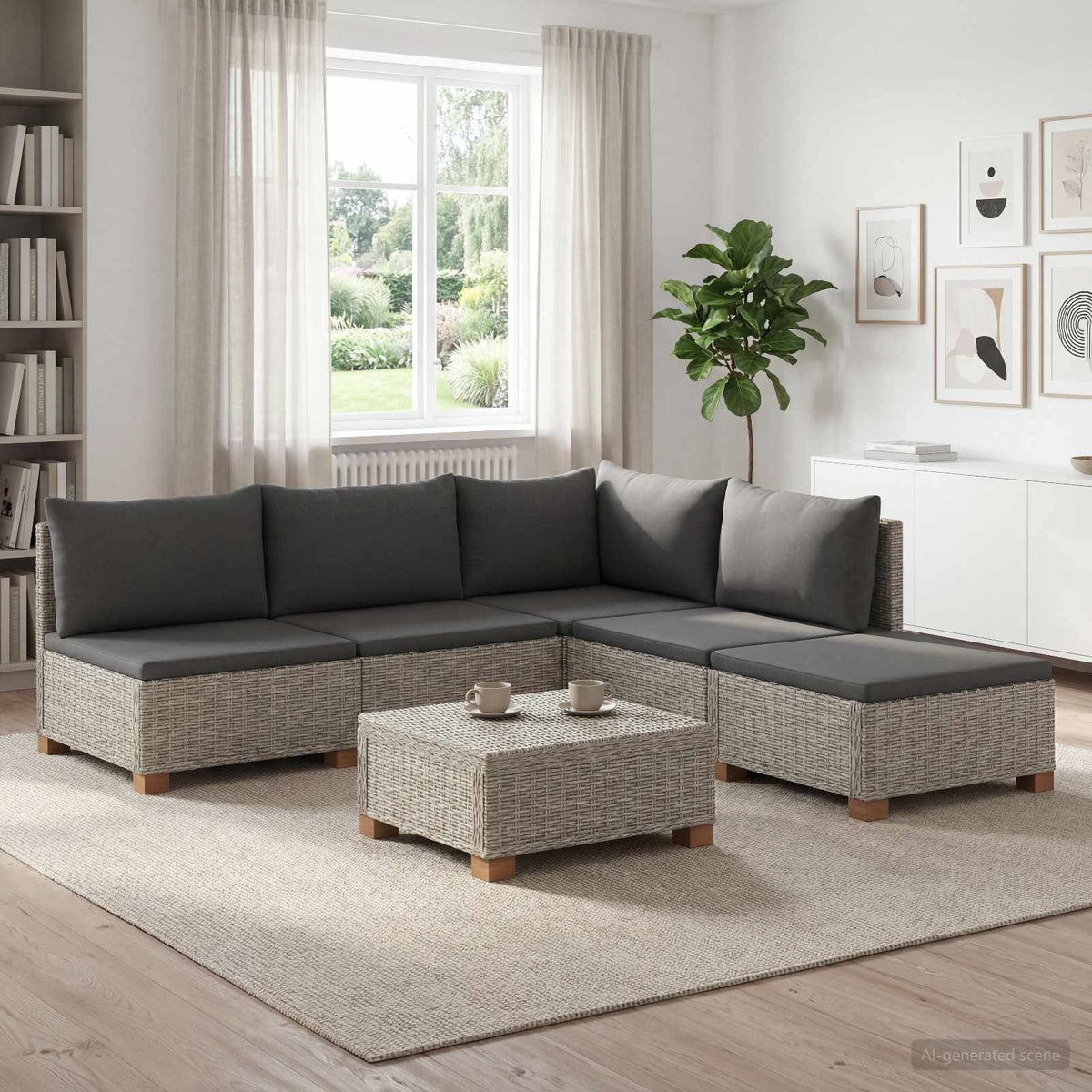 6 pcs Rattan Lounge Set with Cushions GENDT Natural Rattan Kubu Grey 3x middle + footstool + corner + table